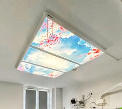 Plafond en béton avec panneaux d’éclairage MiraSky installés, solution moderne pour une luminosité optimale