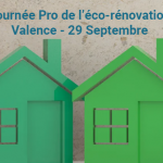 Deux maisons vertes symbolisent la rénovation écologique de votre maison. Journée professionnelle de l'éco-rénovation à Valence, le 29 septembre.