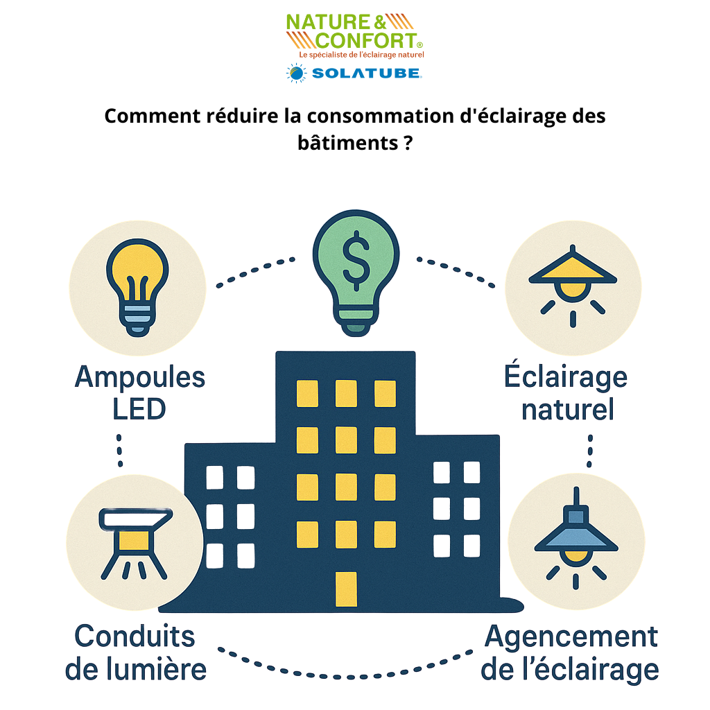 Infographie : Réduisez la consommation d’éclairage des bâtiments grâce aux LED, à la lumière naturelle et au placement intelligent de l’éclairage.
