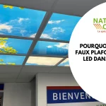 Plafond lumineux LED MiraSky installé à l’entrée du showroom Nature et Confort, avec visuel de ciel bleu et feuillage jaune imprimé sur dalles LED pour un effet apaisant et immersif.