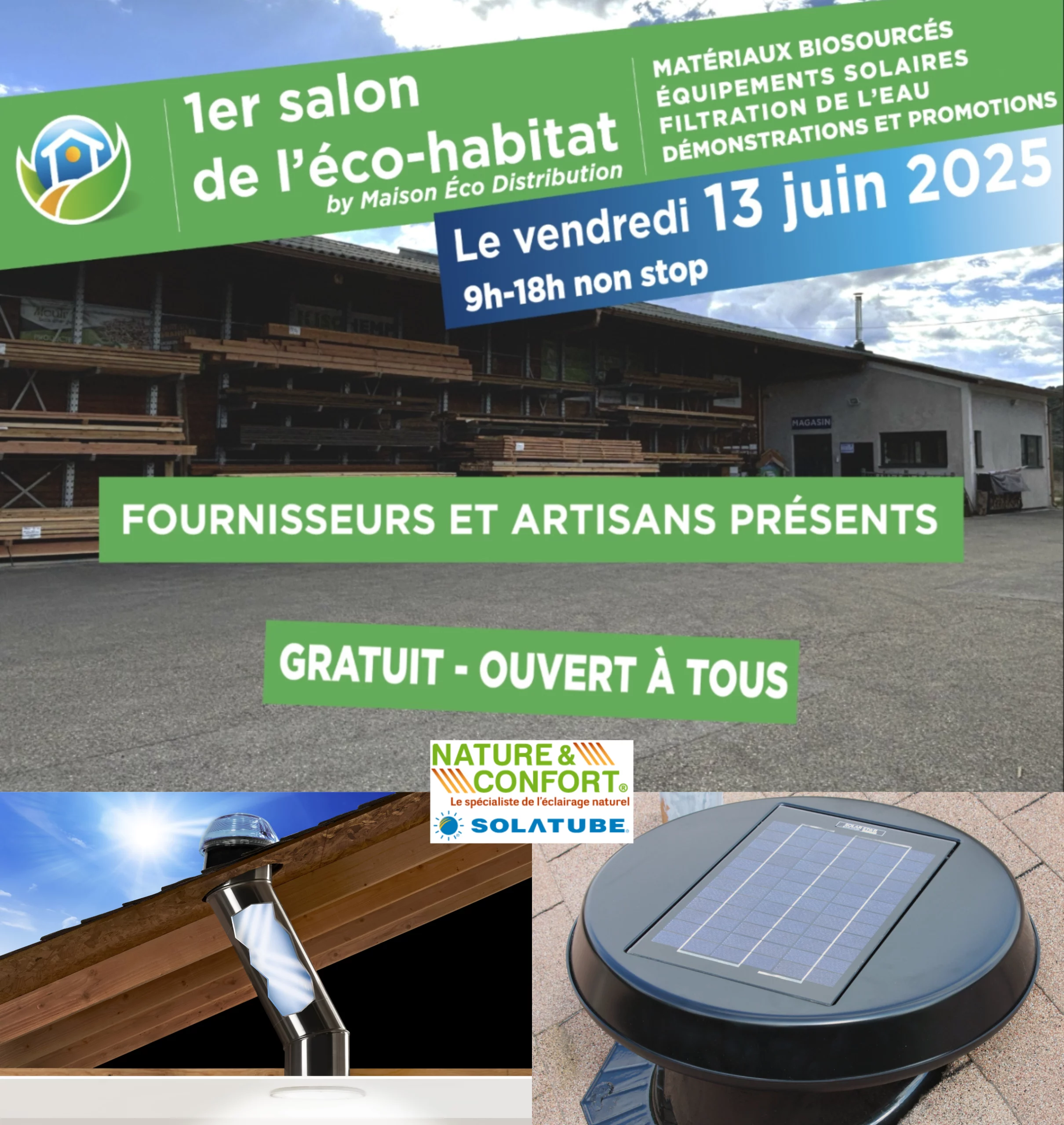 Premier salon éco-habitat : 13 juin 2025, de 9h à 18h. Entrée libre. Fournisseurs et artisans présents.