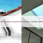 Comparatif visuel entre un conduit de lumière et un puits de lumière : à gauche, illustration d'un conduit de lumière installé sur un toit, transportant la lumière naturelle jusqu'à l'intérieur ; à droite, photo d'un puits de lumière vitré intégré dans un plafond pour un éclairage direct. Texte central : 'Conduit de lumière ou puits de lumière : quelles différences ?