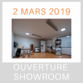 Ouverture d'une nouvelle salle d'exposition le 2 mars 2019. Les présentoirs présentent des produits d'éclairage et de ventilation.