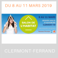Salon de l'Habitat Clermont-Ferrand 2019 : Bannière publicitaire montrant une femme tenant des outils de mesure, du 8 au 11 mars.