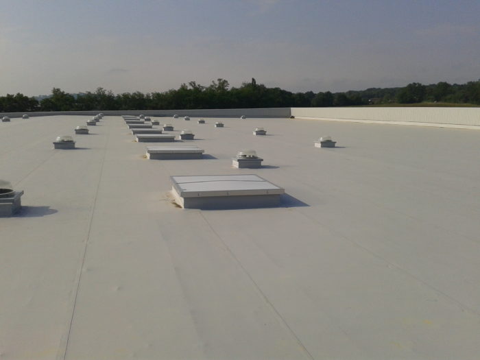 Toit plat avec plusieurs puits de lumière, offrant une solution d'éclairage naturel pour le stockage en entrepôt.