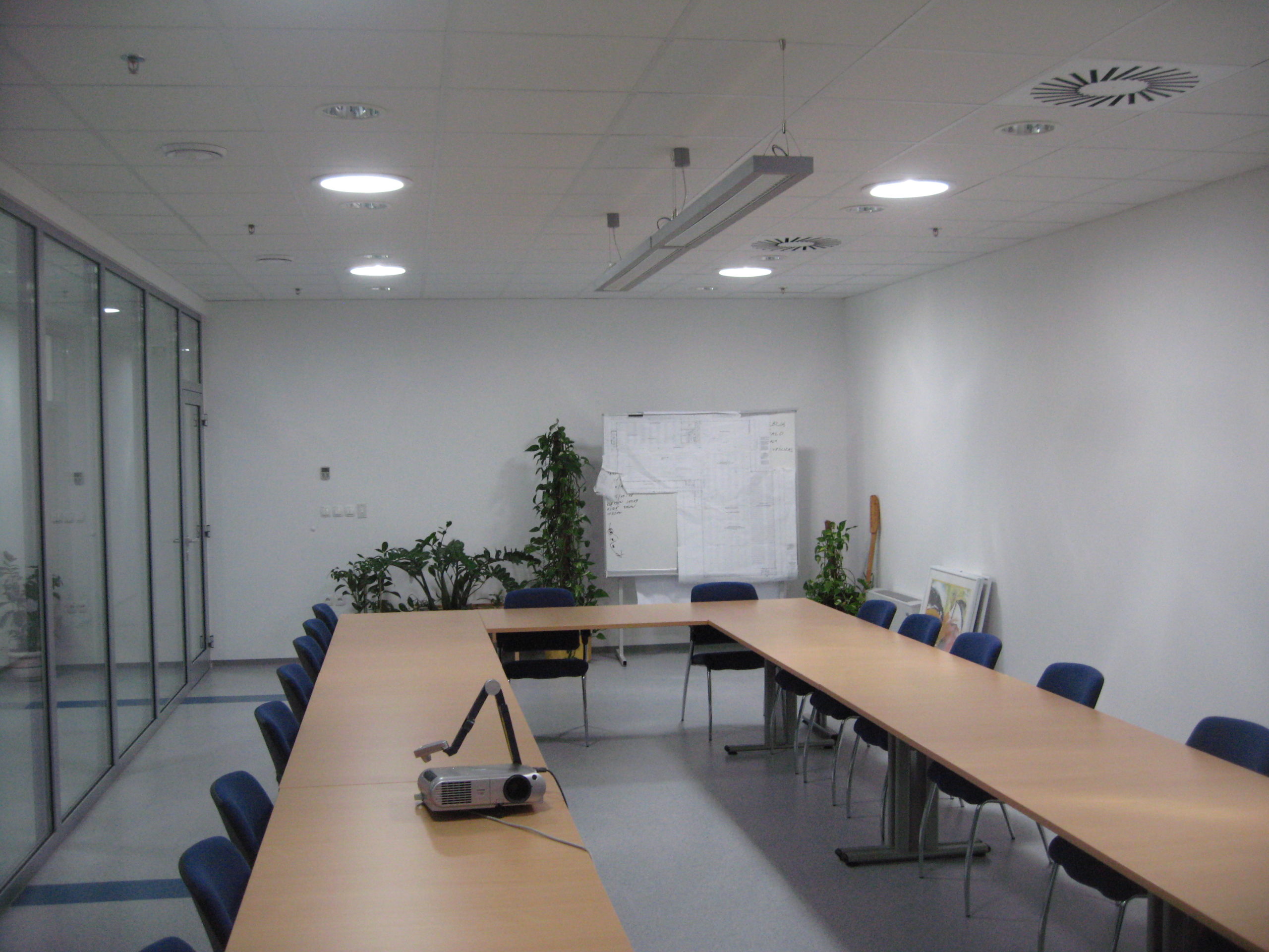 Salle de conférence moderne avec table en U, chaises, plantes et éclairage zénithal. Possibilités d'éclairage naturel et artificiel.